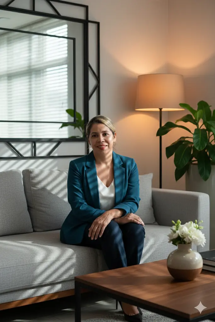 Cristiani Brandolt sentada em um ambiente de trabalho acolhedor